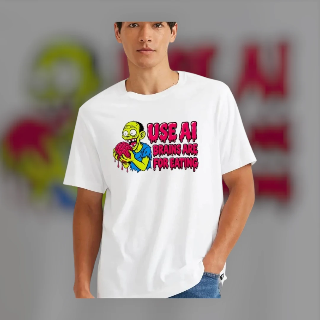 Use AI Brains Are For Eating Zombie Tee Funny Anti AI Humor Tech Meme Graphic T-Shirt