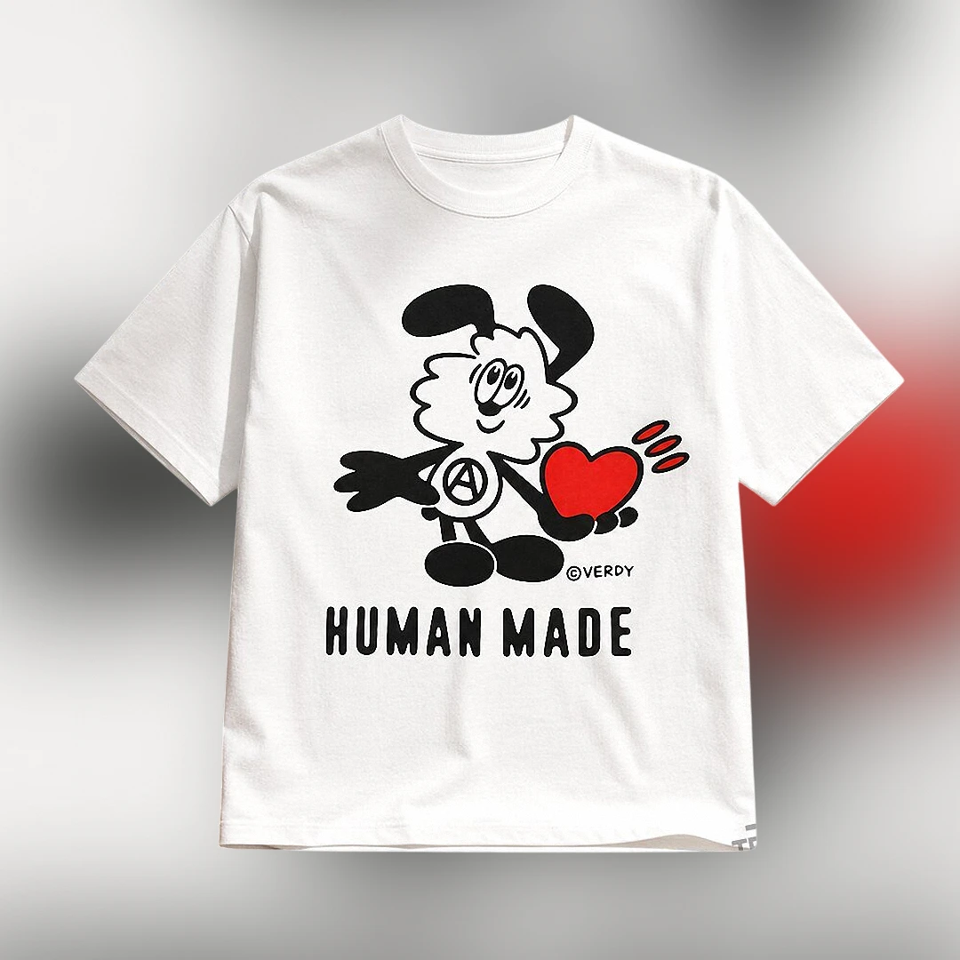 Verdy Cartoon Dog Heart Graphic Tee, Retro Aesthetic Animal Art Shirt for Streetwear Fans