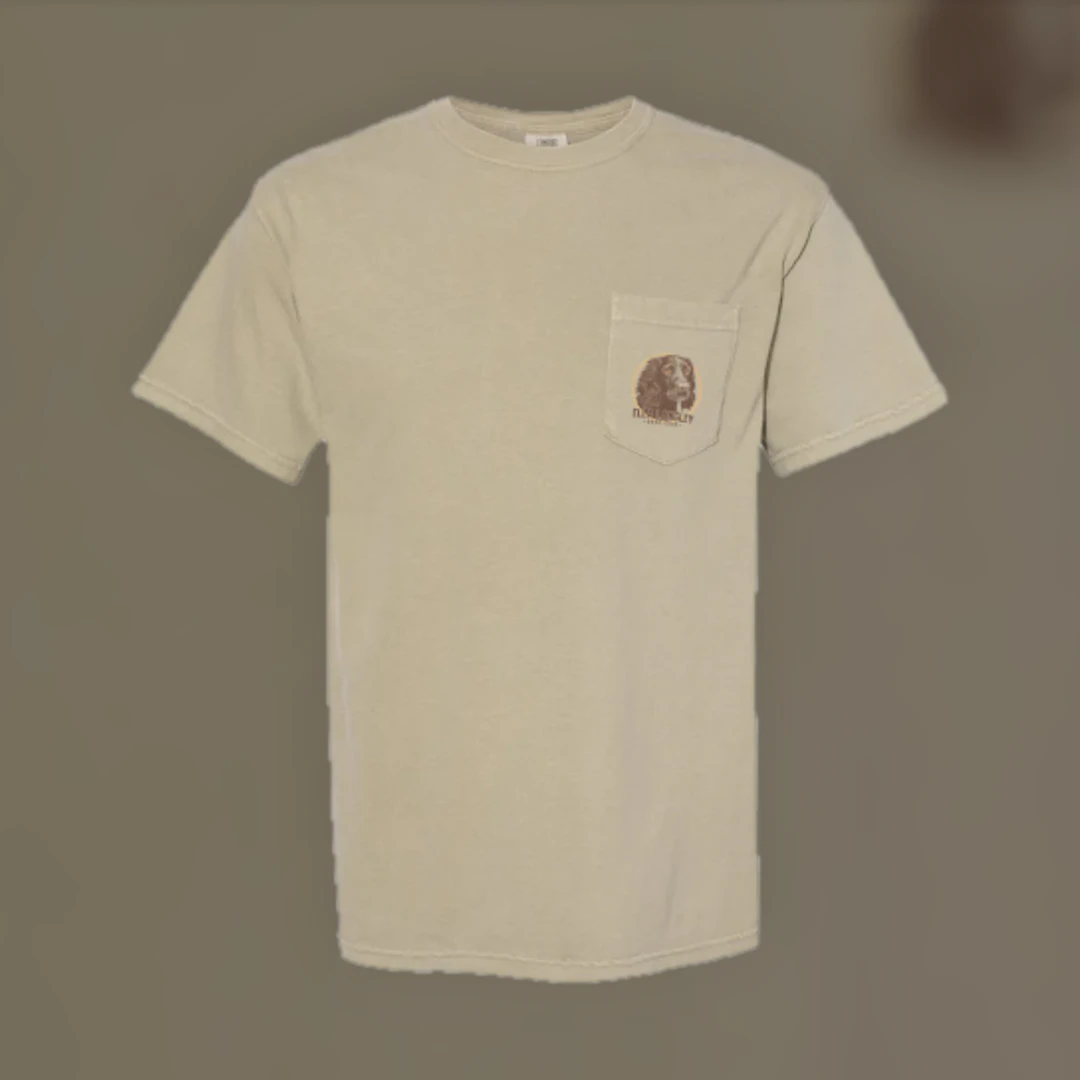 Vintage Spaniel Dog Graphic Beige Pocket Tee Minimalist Chest Emblem T-Shirt