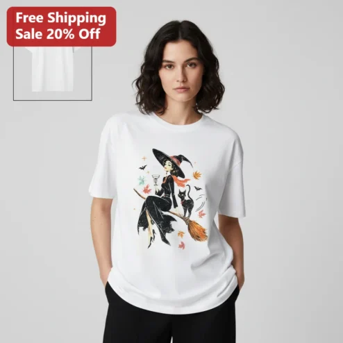 Vintage Witch Halloween Tee Retro Witch On Broomstick With Black Cat Spooky Fall Shirt Gift For Women