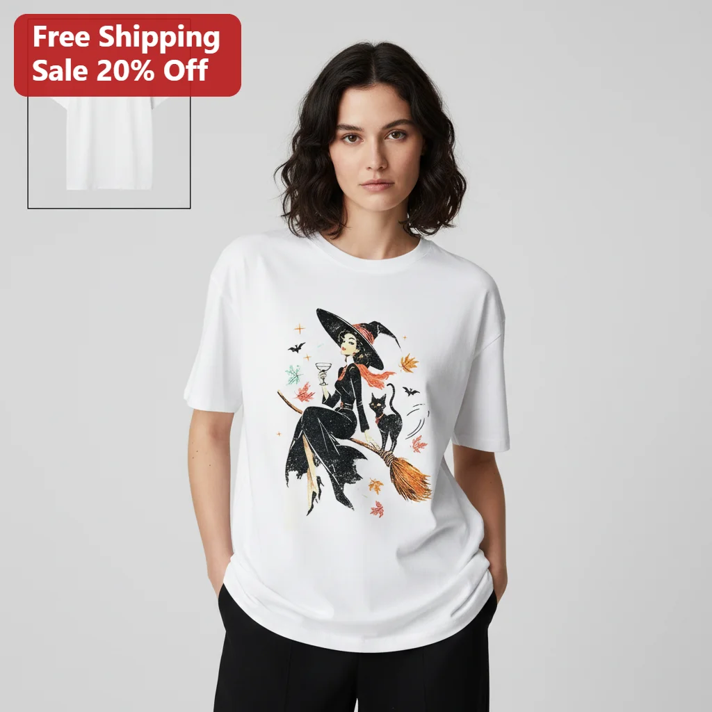 Vintage Witch Halloween Tee Retro Witch On Broomstick With Black Cat Spooky Fall Shirt Gift For Women