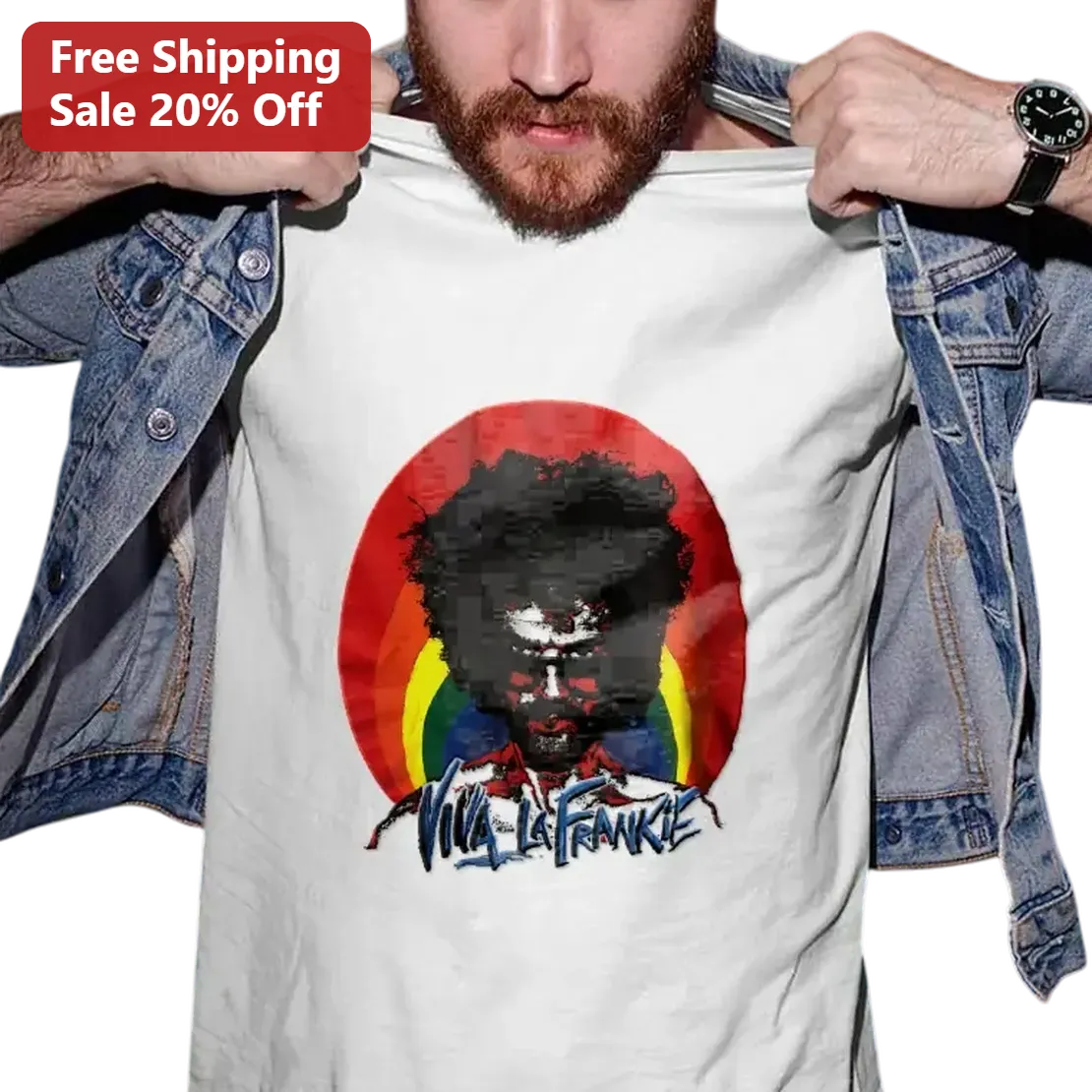 VIVA LA FRANKIE Tee Retro Rainbow Glitch Art Graphic Shirt for Music Fans and Indie Concert Lovers