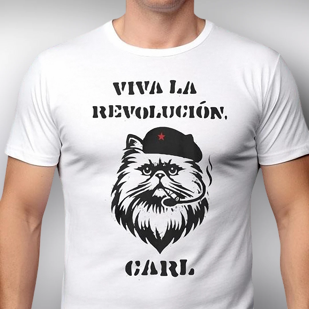 Viva La Revolución Carl Che Guevara Cat Parody Tee, Funny Revolutionary Persian Cat Graphic T-Shirt Gift