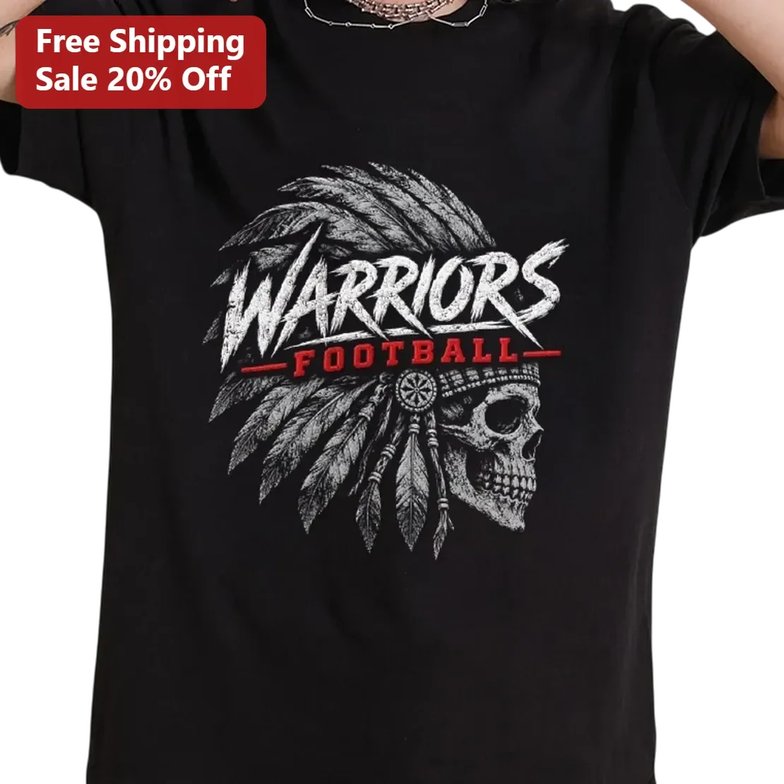 Warriors Football Skull Mascot Tee, Distressed Game Day Graphic Shirt for Football Fans