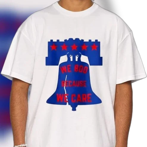 We Boo Because We Care Philadelphia Liberty Bell Sports Fan Tee, Funny Philly Game Day Graphic T-Shirt
