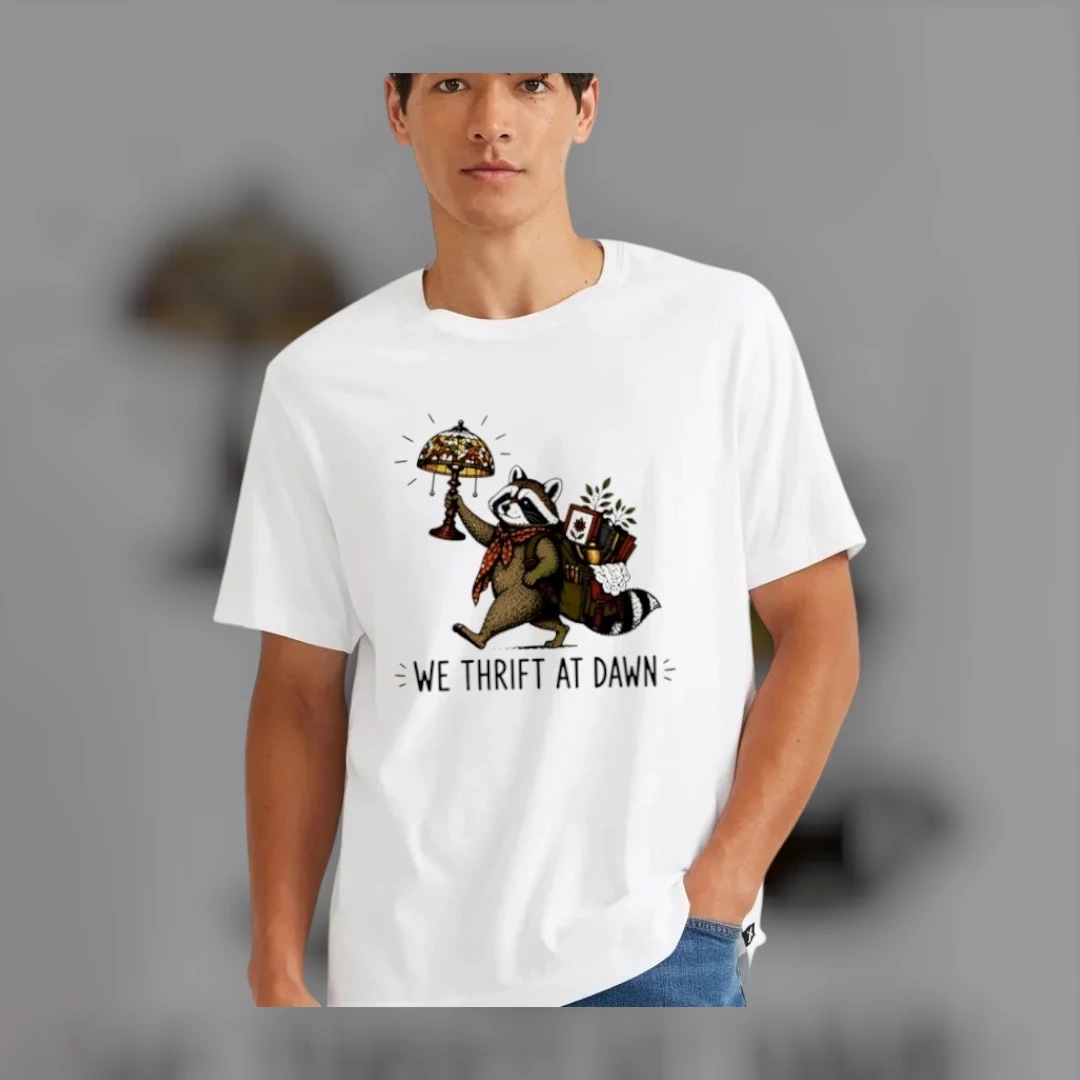 We Thrift At Dawn Funny Raccoon Graphic Tee Thrift Store Lover and Reseller Shirt