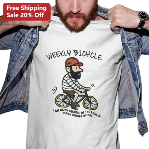 Weekly Bicycle I Am Happy Because of the Bicycle Tee, Cartoon Cyclist Gift for Bike Riders
