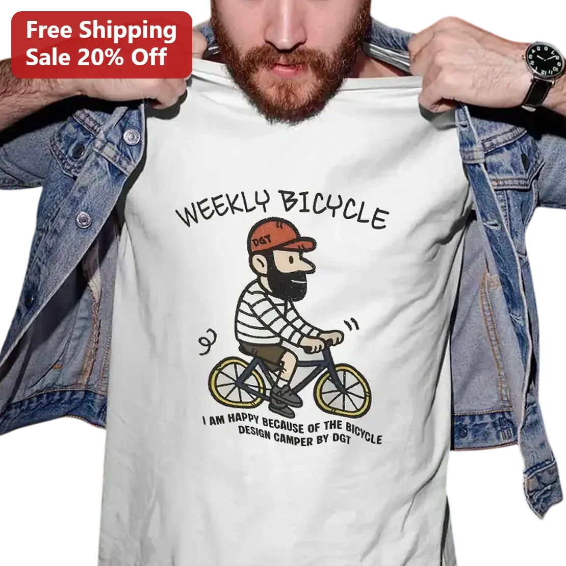 Weekly Bicycle Tee, Funny Bearded Cyclist Cartoon Shirt, Vintage Bike Riding Graphic Tee Gift for Cyclists