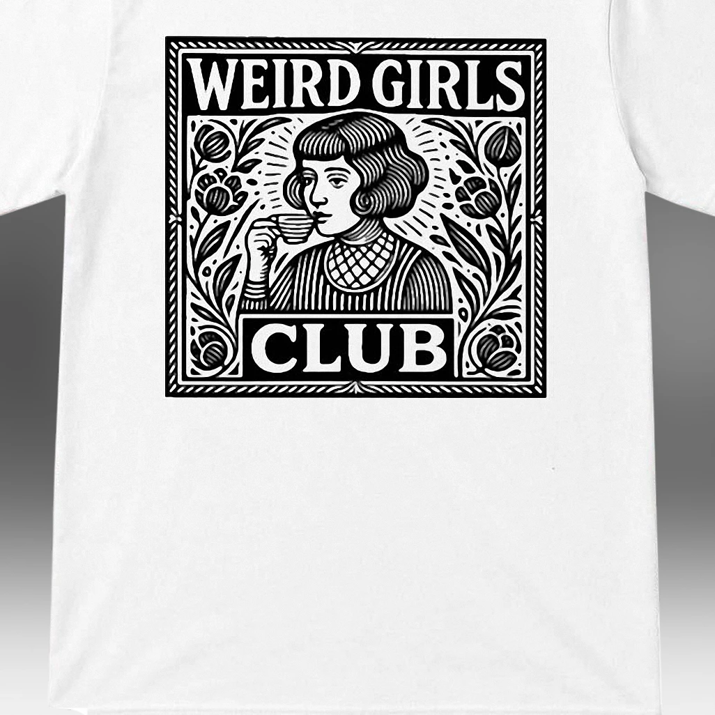 Weird Girls Club Tee Vintage Linocut Graphic T-Shirt, Aesthetic Alt Girl Whimsygoth Apparel Gift