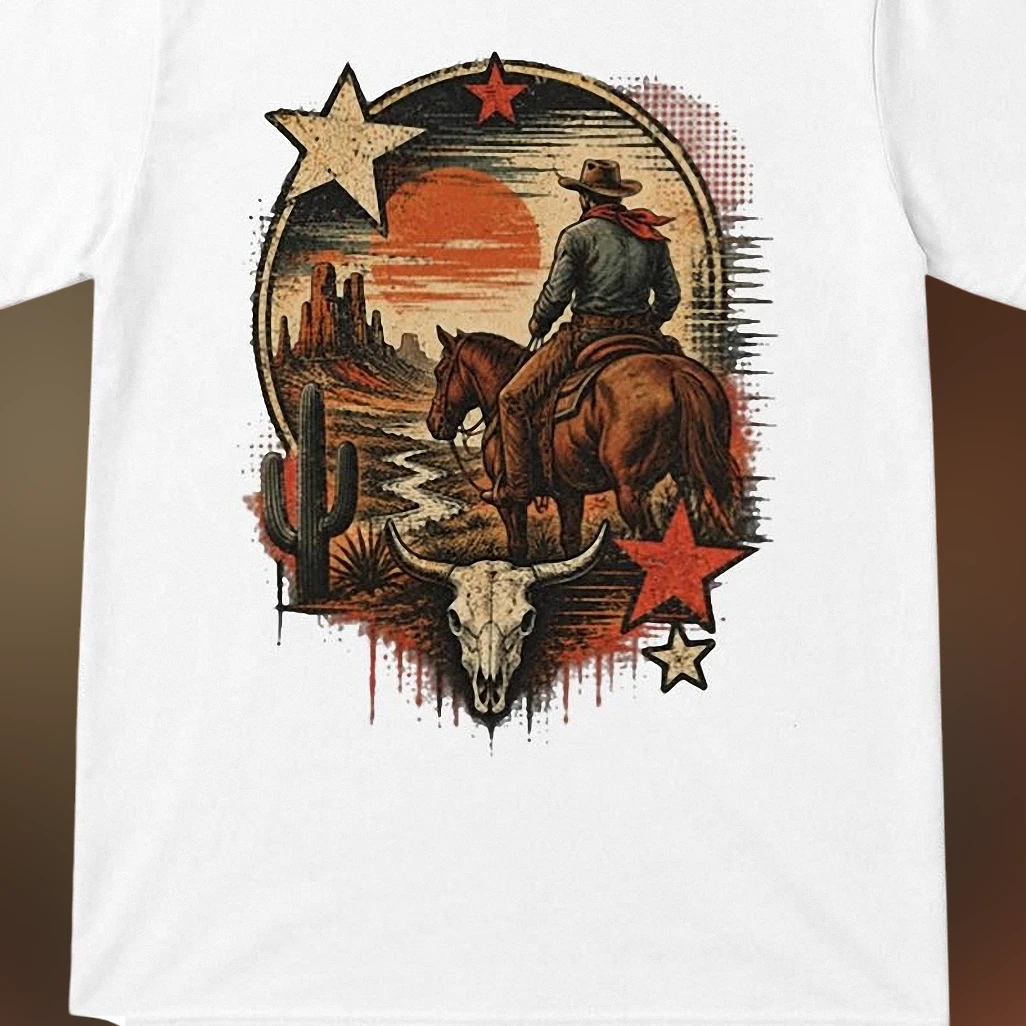 Western Desert Landscape Tee Vintage Cowboy Graphic Shirt for Men and Women