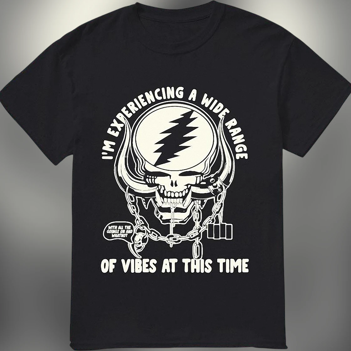 Wide Range Of Vibes Sarcastic Skull Graphic Tee, Relatable Mood Humor Music Lover T-Shirt Gift