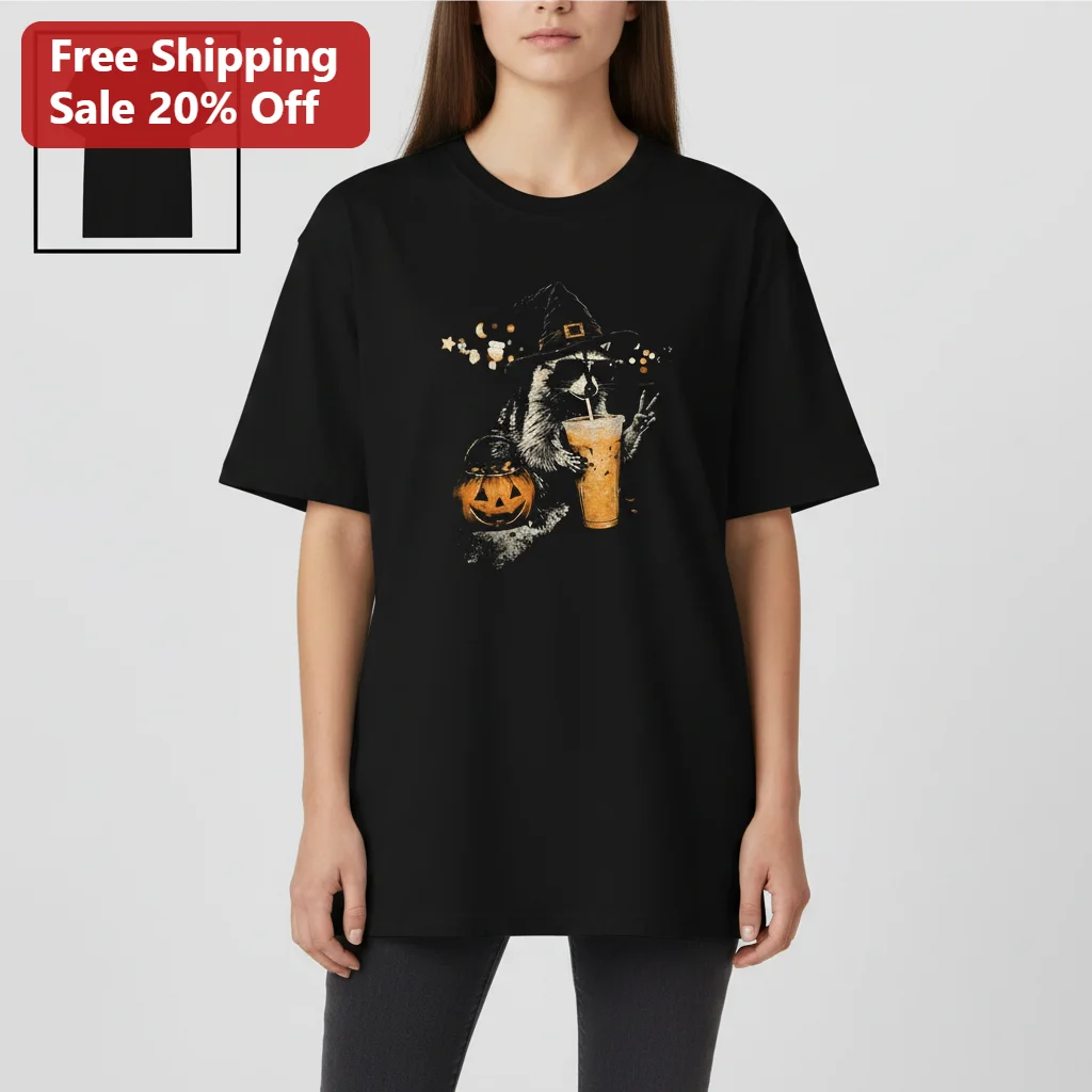 Witchy Raccoon Halloween Coffee Tee Spooky Trash Panda Iced Coffee Shirt Cute Halloween Animal Gift for Coffee Lovers