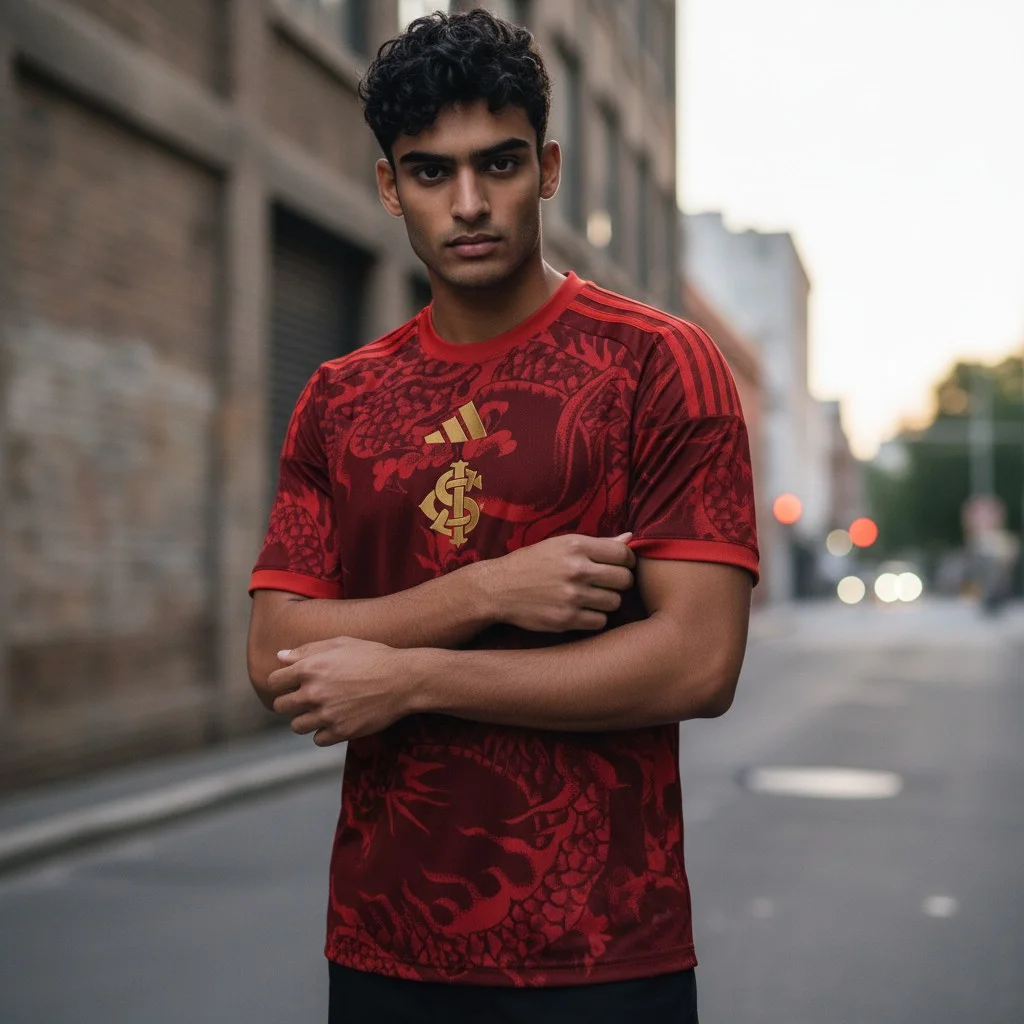 Red Dragon Athletic Jersey Gold Crest Patterned Soccer Kit for Men