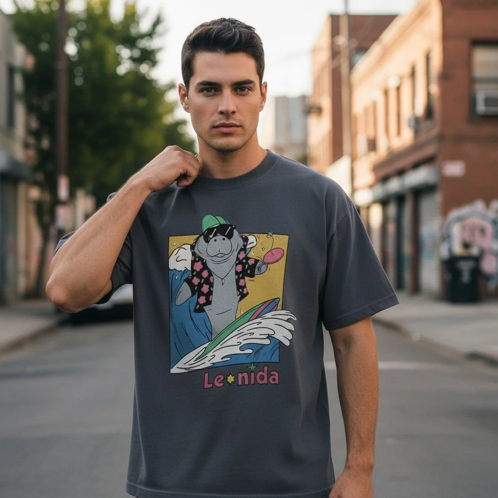 Leonida Surfing Manatee Tee Retro Cartoon Surf Graphic Shirt