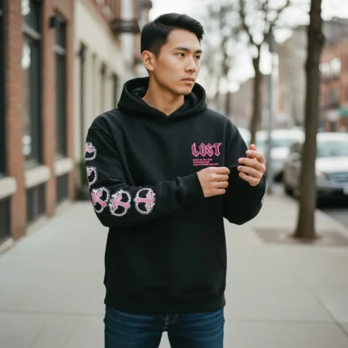 LOST Streetwear Graphic Pullover Hoodie with Pink Gothic Sleeve Prints