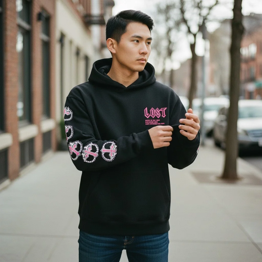 LOST Streetwear Graphic Pullover Hoodie with Pink Gothic Sleeve Prints
