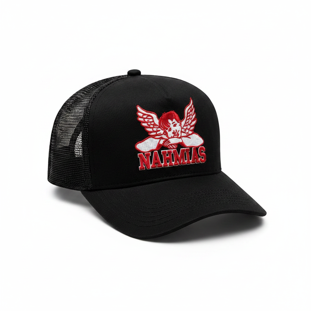 NAHMIAS Trucker Hat Black Mesh Embroidered Cherub Cap