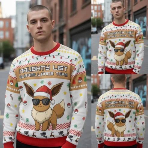 Naughty List Surveillance Team Eevee Ugly Christmas Sweater Funny Gamer Holiday Apparel