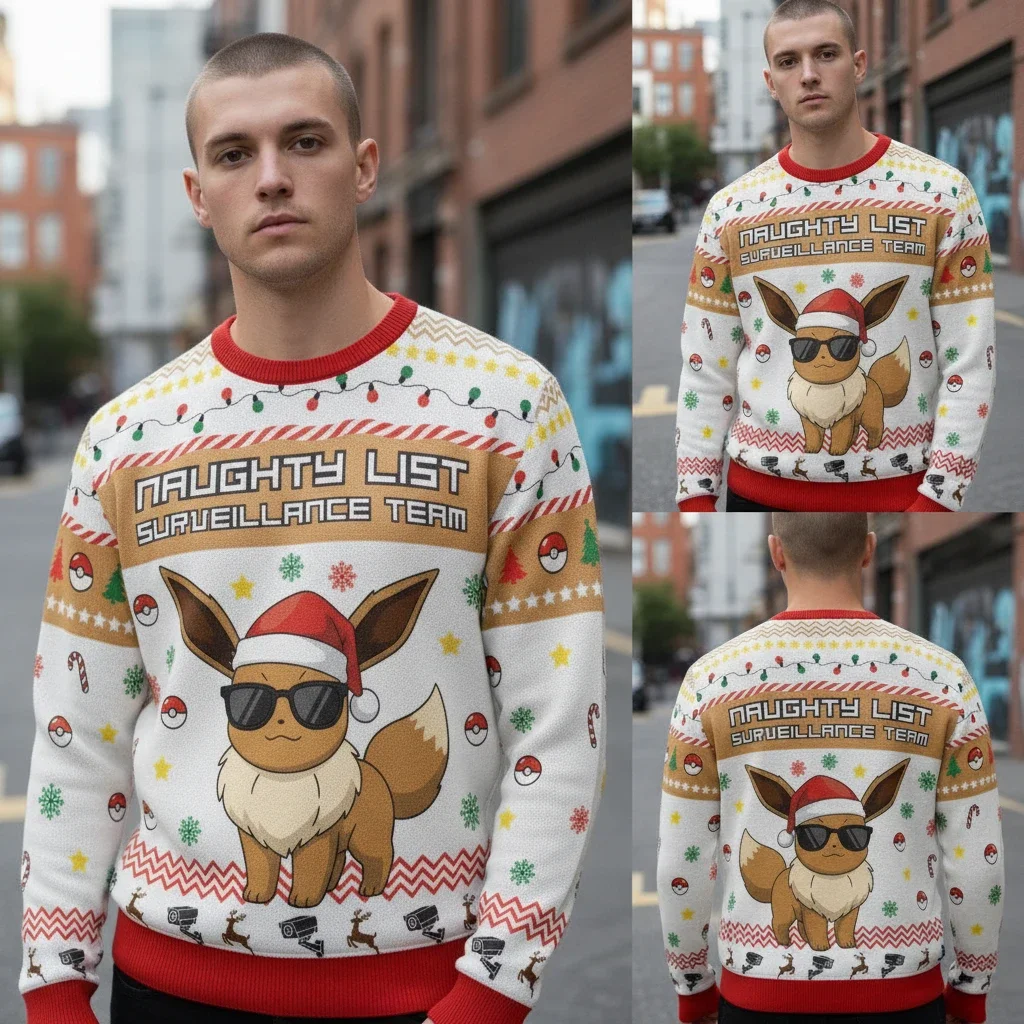 Naughty List Surveillance Team Eevee Ugly Christmas Sweater Funny Gamer Holiday Apparel