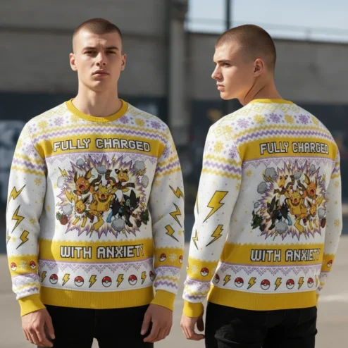 Fully Charged With Anxiety Pokemon Ugly Christmas Sweater Funny Gamer Holiday Party Apparel