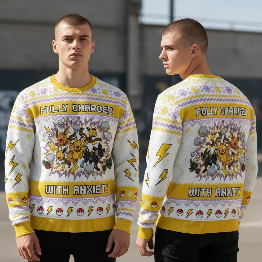 Fully Charged With Anxiety Pokemon Ugly Christmas Sweater Funny Gamer Holiday Party Apparel