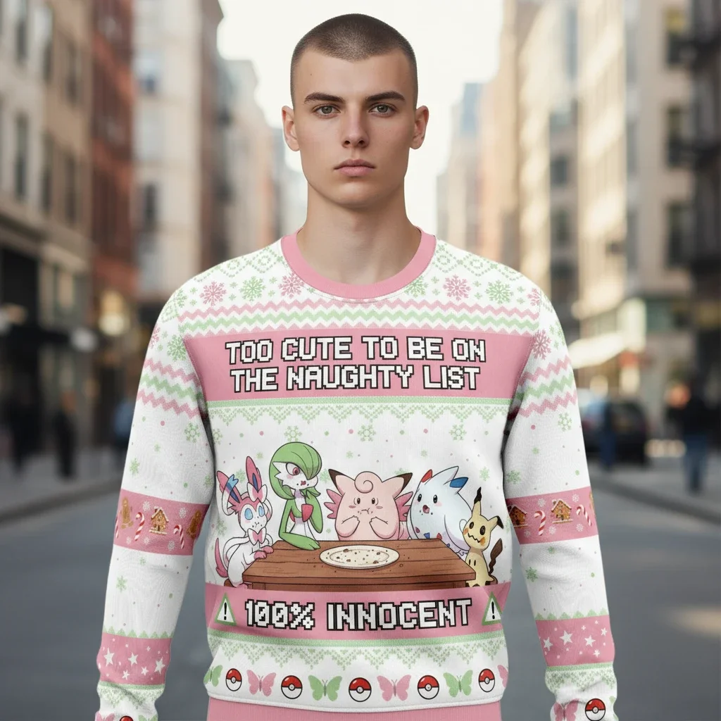 Pokemon Too Cute To Be On The Naughty List Ugly Christmas Sweater Innocent Kawaii Holiday Apparel