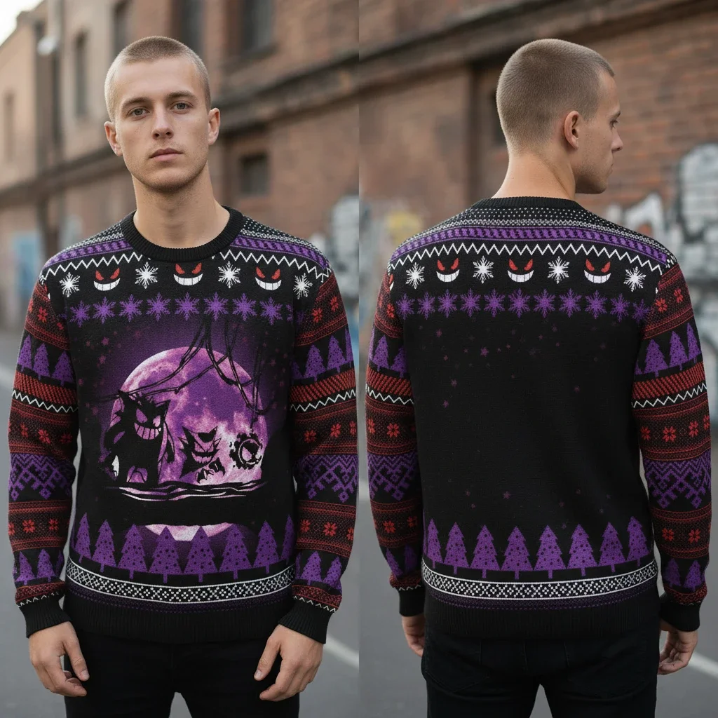 Gengar Christmas Sweater, Spooky Ghost Type Holiday Knit Pullover