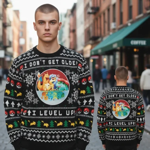 I Don't Get Older I Level Up Pokemon Ugly Christmas Sweater Funny Gamer Holiday Gift