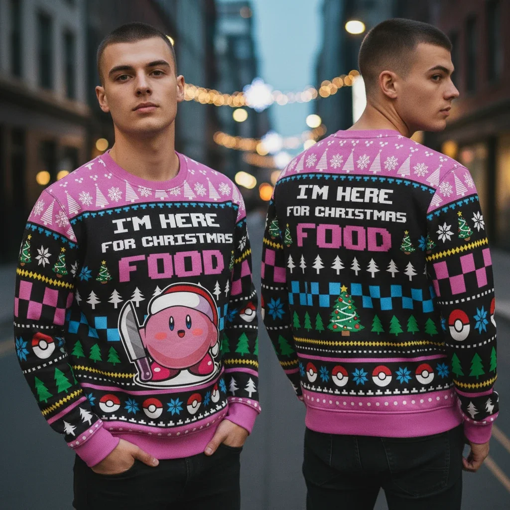 I'm Here For Christmas Food Kirby Ugly Christmas Sweatshirt Funny Gamer Holiday Gift