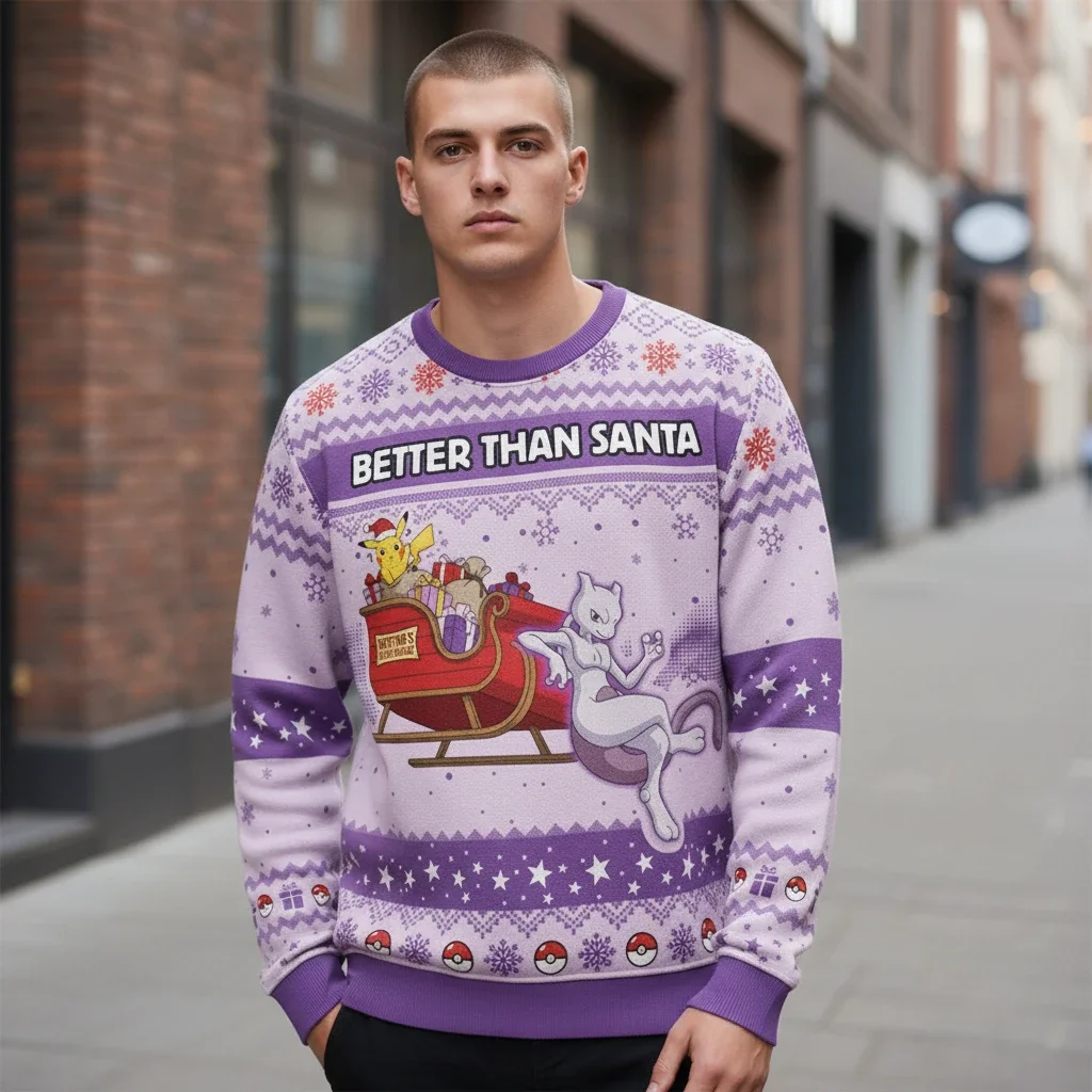 Better Than Santa Pokemon Mewtwo and Pikachu Ugly Christmas Sweater for Gamer Holiday Parties