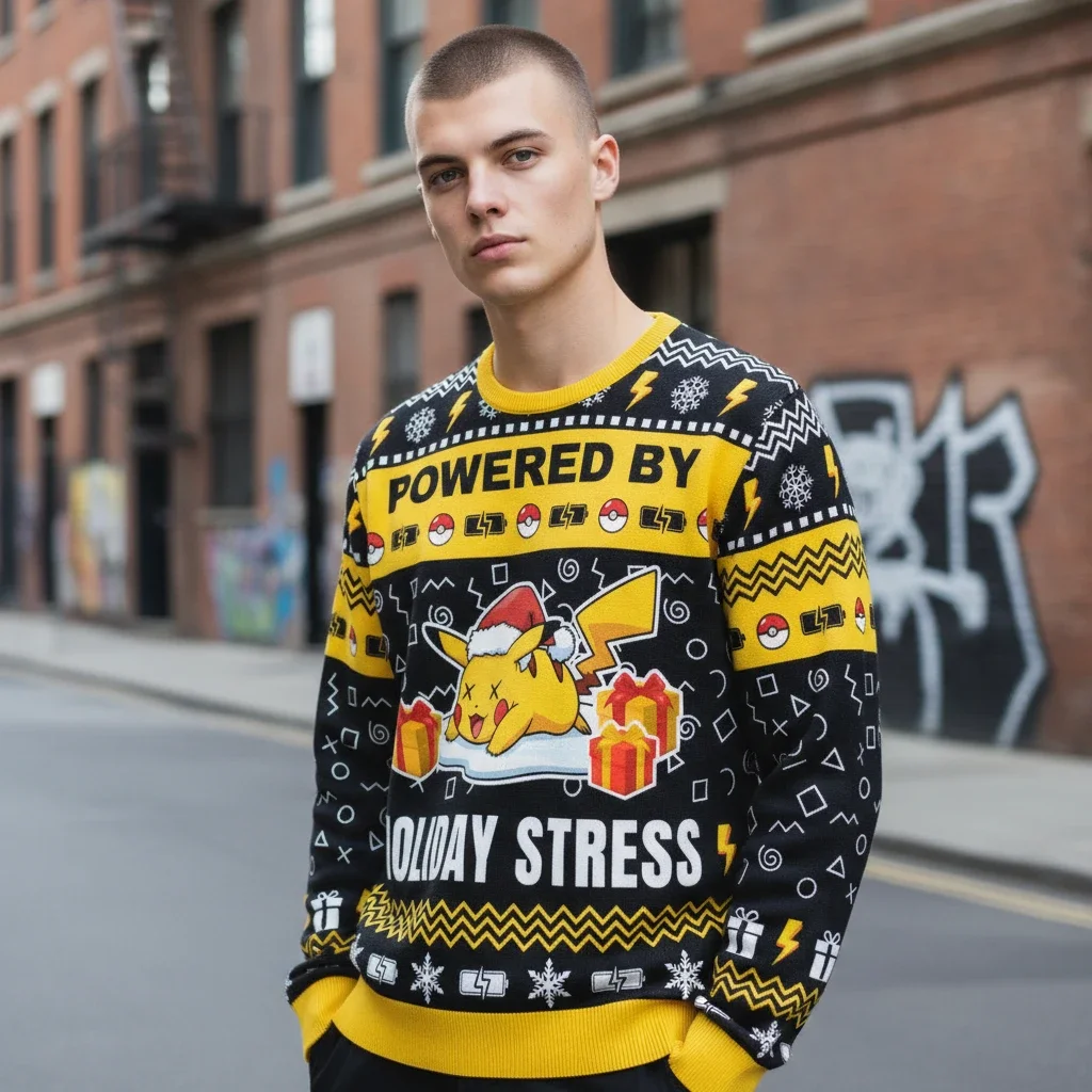 Powered by Holiday Stress Pikachu Ugly Christmas Sweater