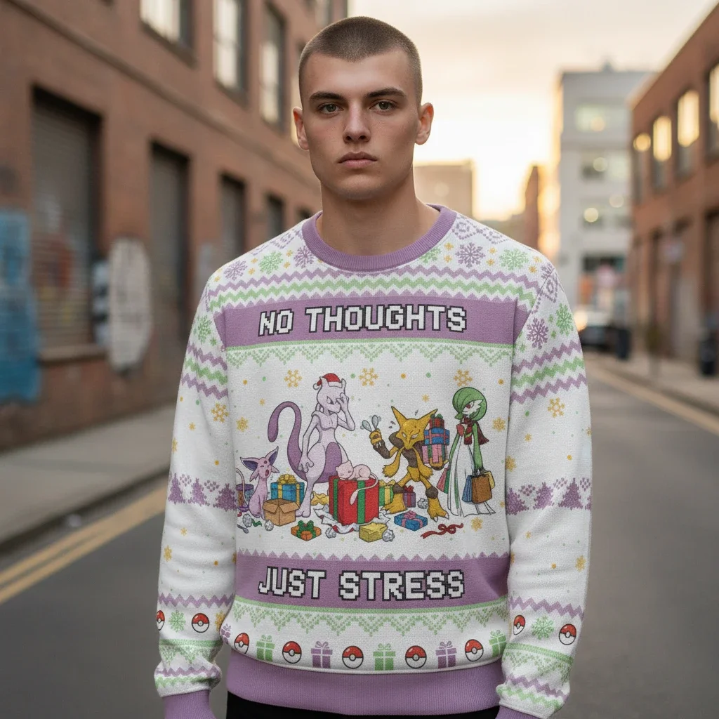 No Thoughts Just Stress Pokemon Sweater Funny Psychic Type Ugly Christmas Pullover