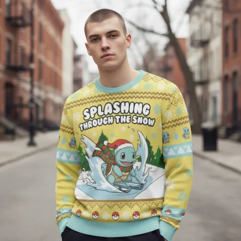 Splashing Through the Snow Squirtle Ugly Christmas Sweater for Gamers