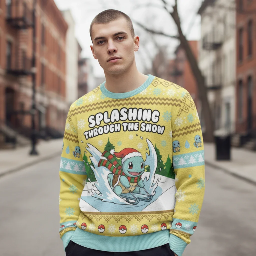 Splashing Through the Snow Squirtle Ugly Christmas Sweater for Gamers