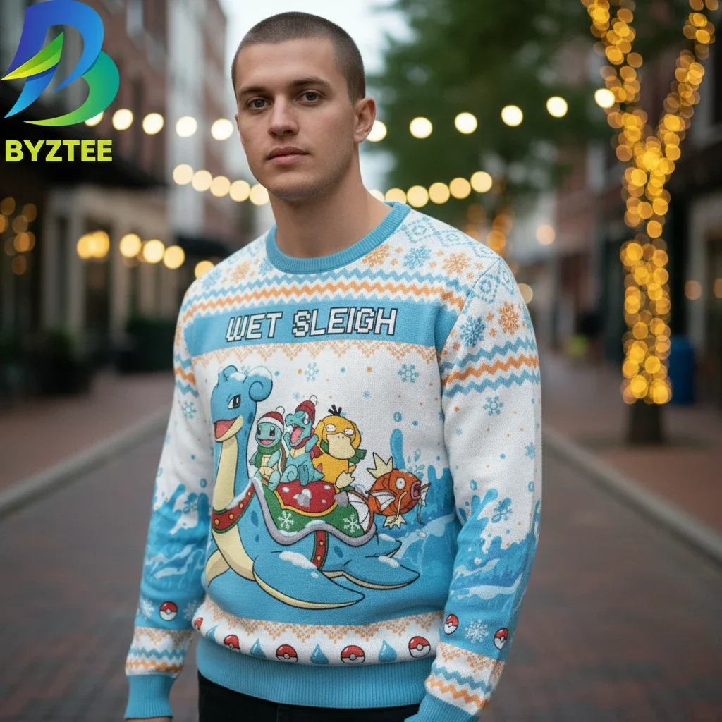 Wet Sleigh Pokemon Ugly Christmas Sweater, Funny Gamer Holiday Gift