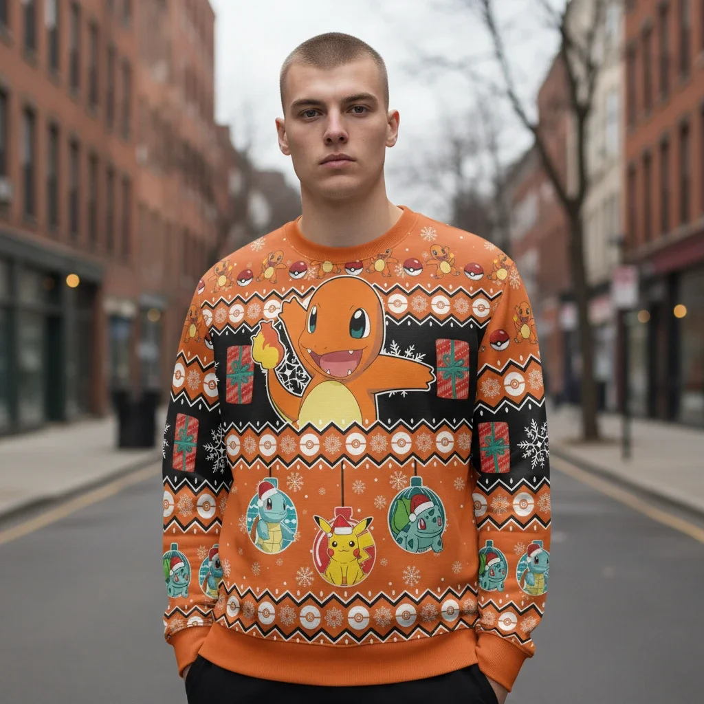 Pokemon Kanto Starters Charmander Squirtle Bulbasaur Pikachu Ugly Christmas Sweatshirt
