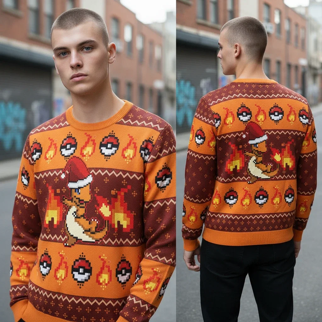 Charmander Ugly Christmas Sweater Pixel Art Retro Gaming Pullover