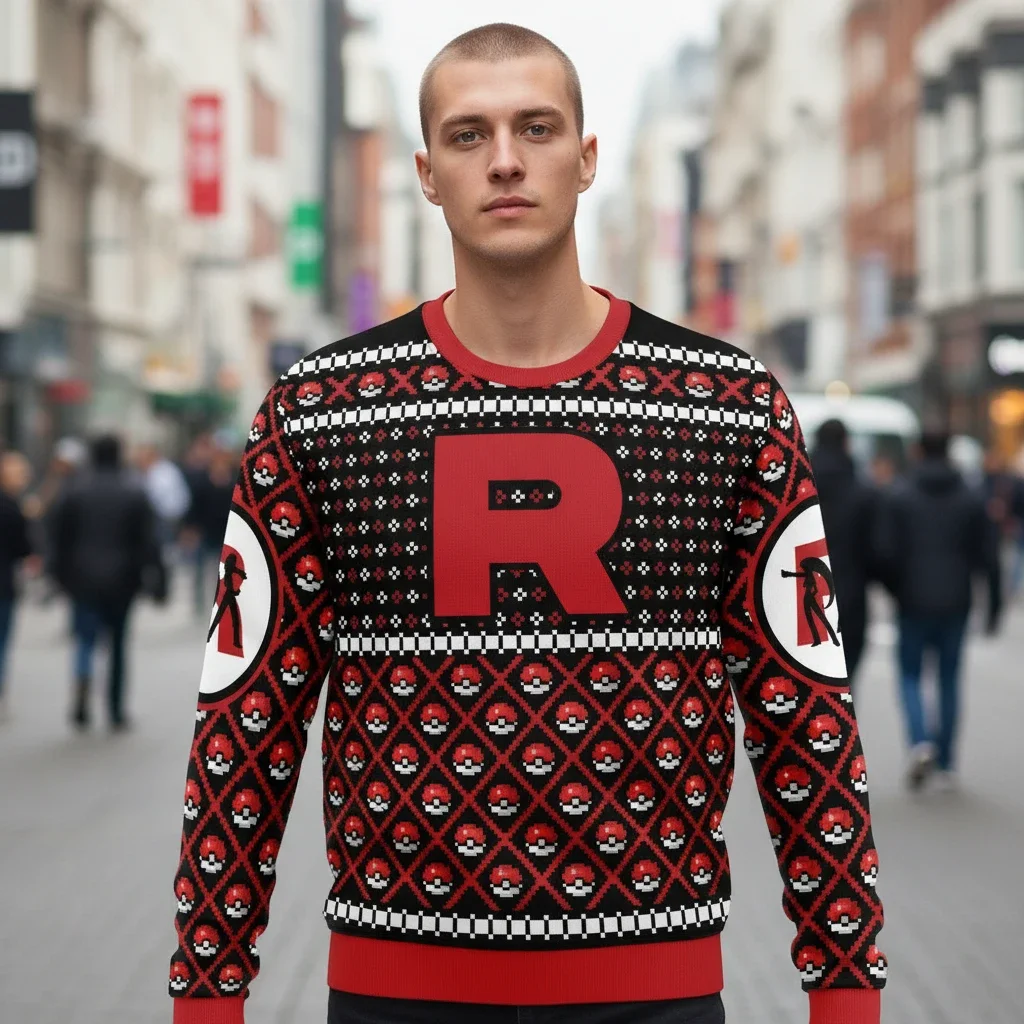 Team Rocket Letter R Pokeball Ugly Christmas Sweater for Gamers