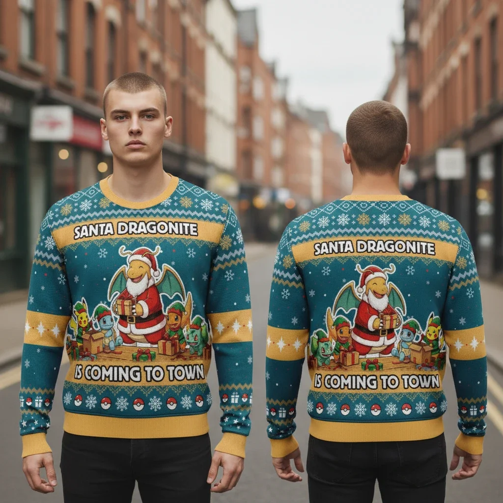 Santa Dragonite Is Coming To Town Ugly Christmas Sweater Pokemon Anime Holiday Fan Gift