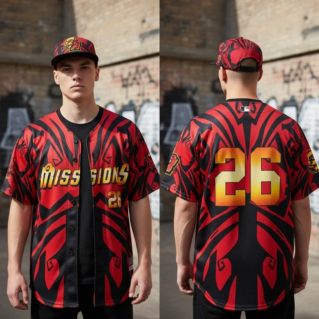 San Antonio Missions Baseball Jersey Custom Red and Black Tribal Fan Apparel