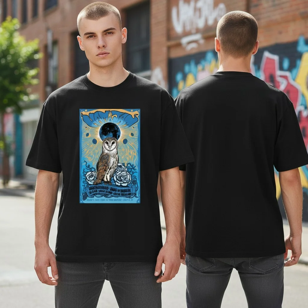 Mystic Owl Vintage Poster Graphic Tee Retro Moon and Roses Shirt