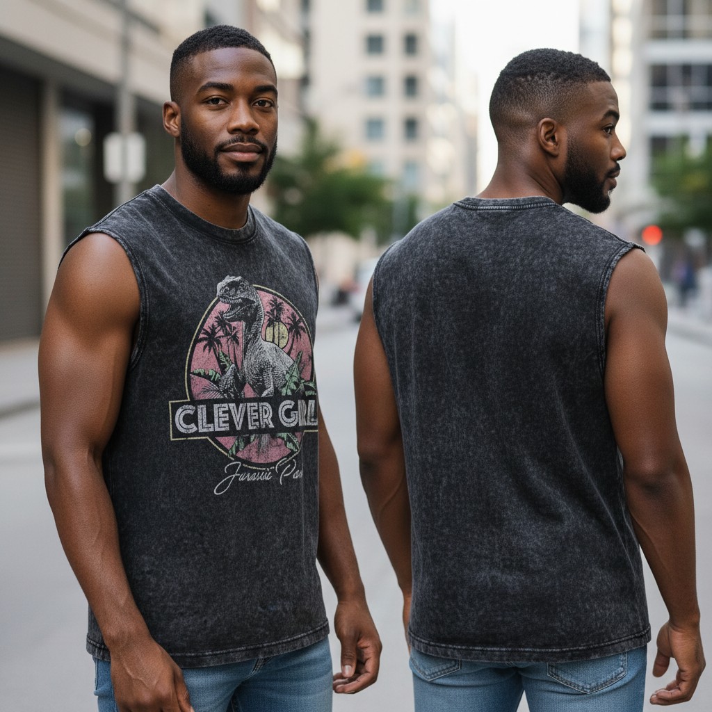 Clever Girl Jurassic Park Retro Acid Wash Muscle Tank