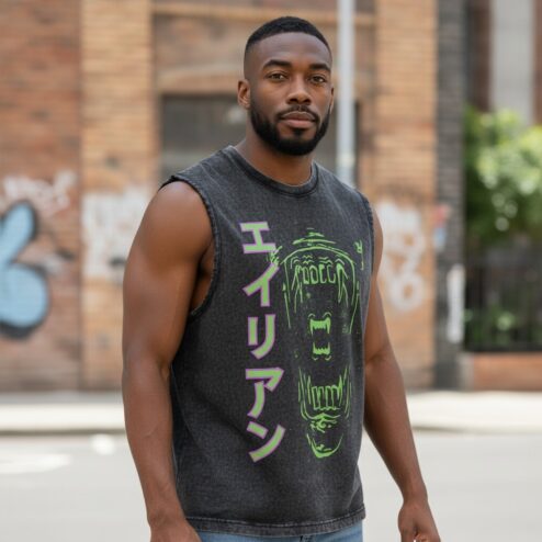 Alien Japanese Graphic Muscle Shirt Neon Sci-Fi Cyberpunk Gym Top for Men