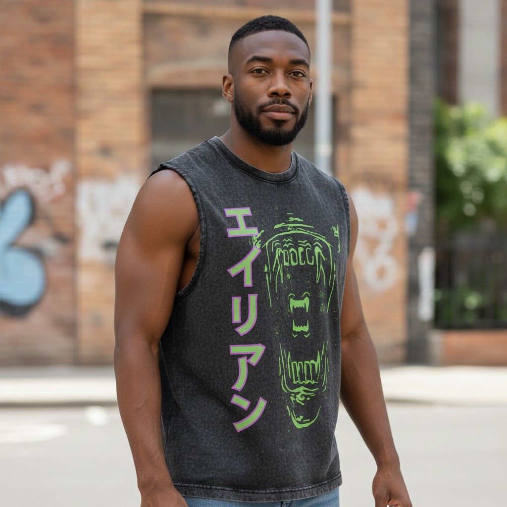 Alien Japanese Graphic Muscle Shirt Neon Sci-Fi Cyberpunk Gym Top for Men