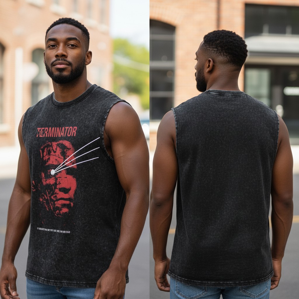 Terminator Graphic Sleeveless Tee Vintage Acid Wash Muscle Shirt