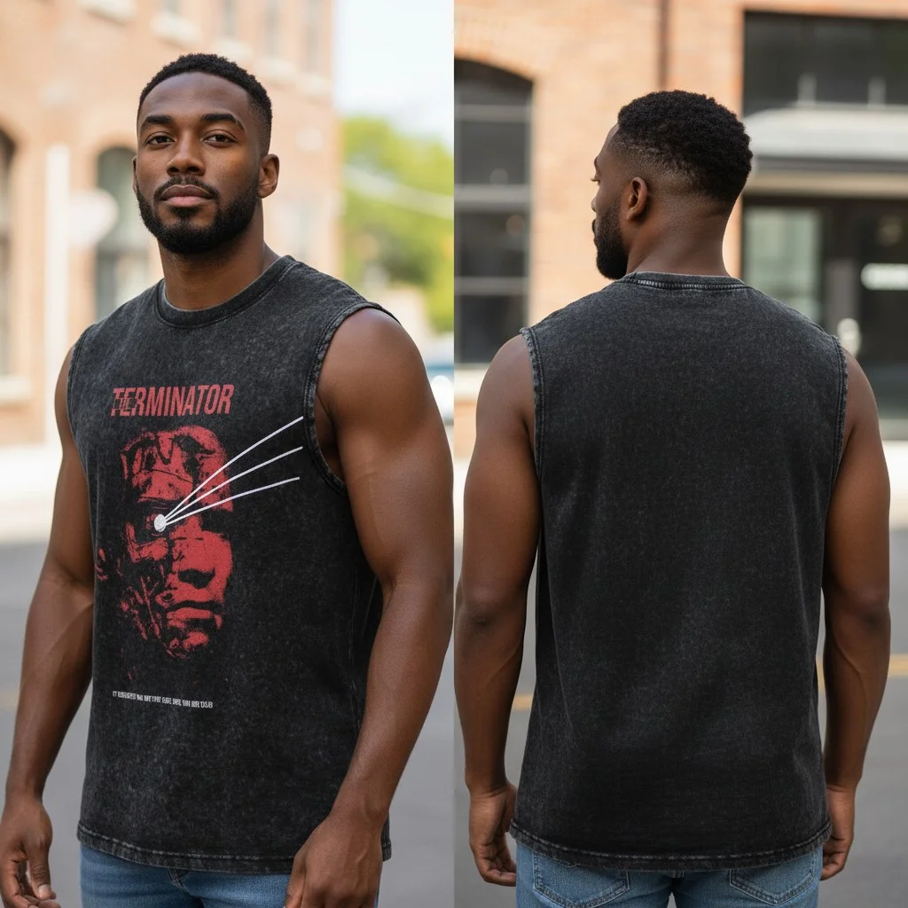 Terminator Retro Graphic Sleeveless Tee for Men Acid Wash Muscle Shirt