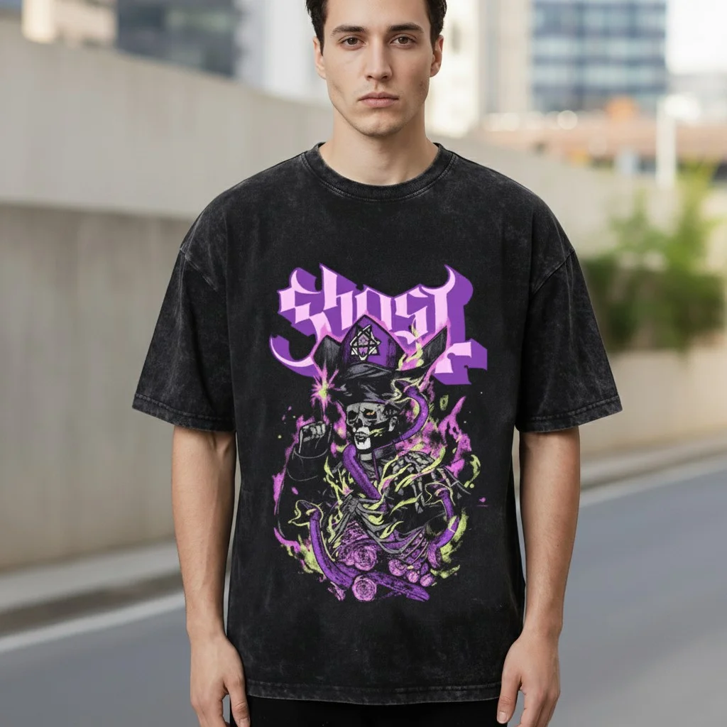 Ghost Heavy Metal Skeleton Priest Acid Wash Tee