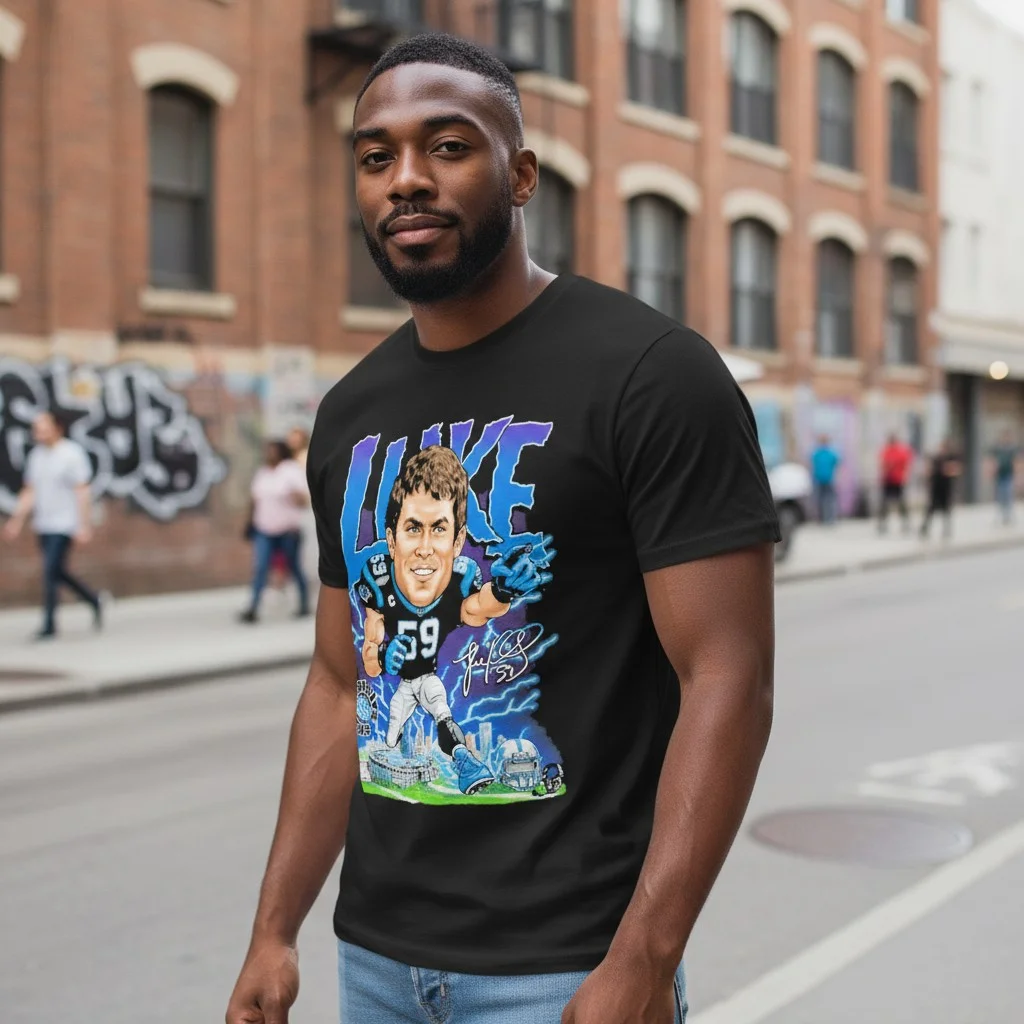 Luke Kuechly 59 Vintage Football Caricature Tee with Signature