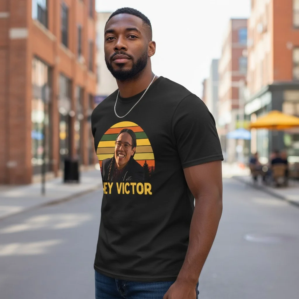 Hey Victor Thomas Builds-the-Fire Retro Sunset Tee Smoke Signals Movie Gift