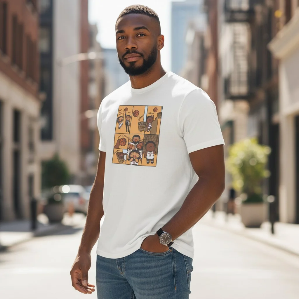 Cartoon Kids Playing Basketball Graphic Tee for Men